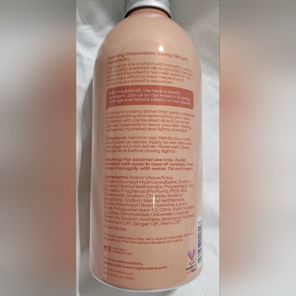 Hey Humans Naturally Derived Body Wash Rosewater Ginger w/Jojoba Seed Oil 14 oz. - Picture 4 of 4